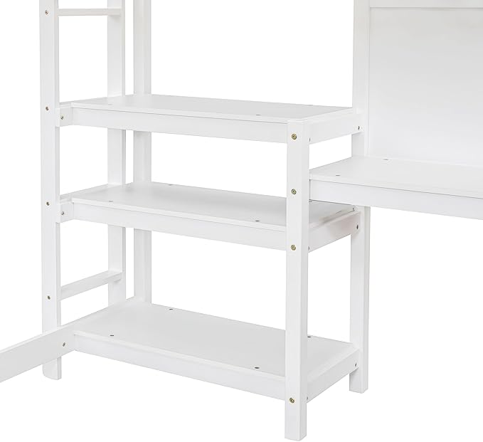 Bellemave Full Loft Bed with Desk and Writing Board,Loft Bed for Kids, Boys, Girls,Wooden Loft Be Frame with Desk and Ladder, White