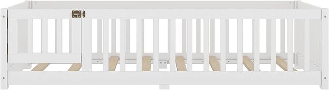 Bellemave Twin Size Floor Bed Frame with Fence and Door for Kids, Montessori Floor Bed with Slats and Safety Guardrails,Solid Wood Twin Bed Frame for Girls Boys,White