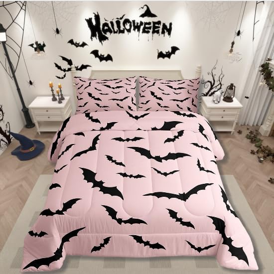 Erosebridal Pink Halloween Bedding Set Gothic Bats Comforter Set Toddler Size,Spooky Halloween Decor Quilt for Kids Boys Girls Adults Black Pink Goth Themed Duvet Insert,Goth Horror Animal