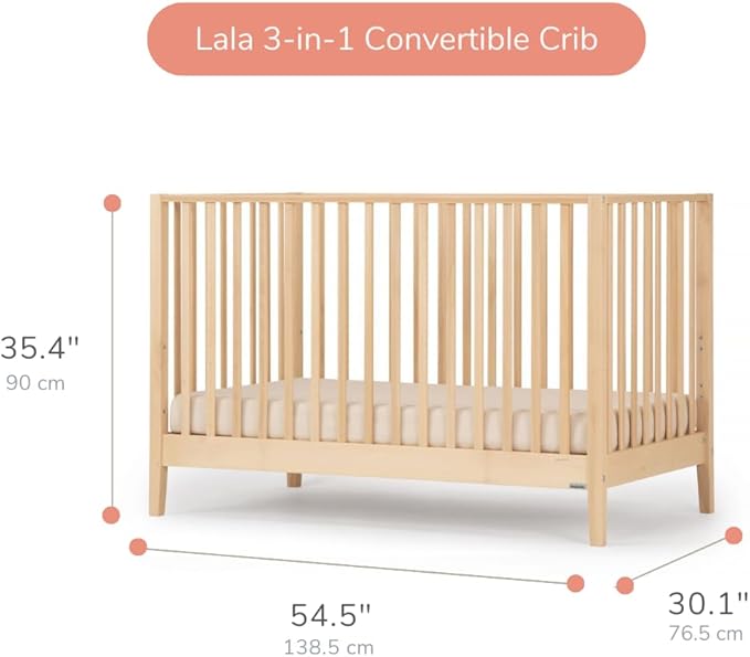 dadada Baby LaLa 3 in 1 Convertible Crib - Wood Crib Converts into Toddler Bed & Daybed - Greenguard Gold Certified, Made in Italy - 3 Adjustable Mattress Heights - Solid Beechwood (Natural)