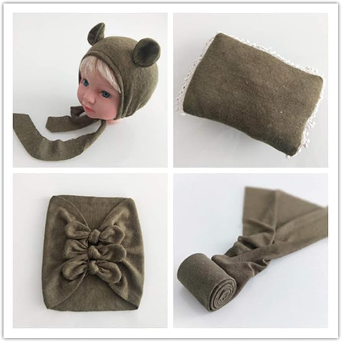 Vemonllas Newborn Baby Boy Girl Photography Props Bow Wrap, Posing Aid, Hat and Blanket Set of 4 Pcs