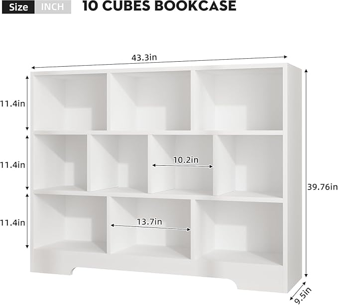 Book Shelf for Kids, 10 Cubes Storage Organizer Montessori Bookshelf, 3-Tier Wooden Kids Bookcase, Toy Storage Organizer for Children, white Toddler Bookshelf Cube Shelf for Kid’s Room, Classroom