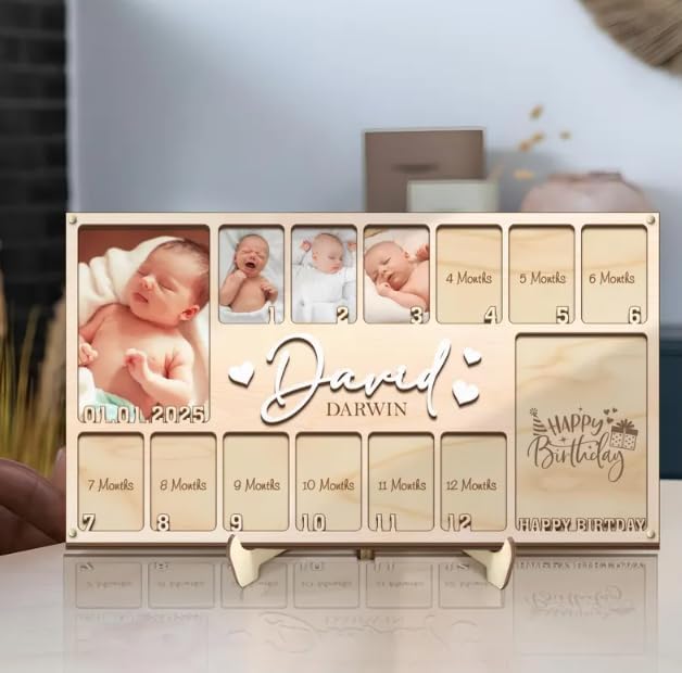 Wooden My First Year Picture Frame – Custom Photo Frame for Baby Girl 1st Birthday, Personalized Picture Frames Gift, One Year Old Birthday Photo Board, Photo Display Wall Art