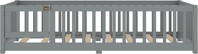 Bellemave Twin Size Floor Bed Frame with Fence and Door for Kids, Montessori Floor Bed with Slats and Safety Guardrails,Solid Wood Twin Bed Frame for Girls Boys,Grey