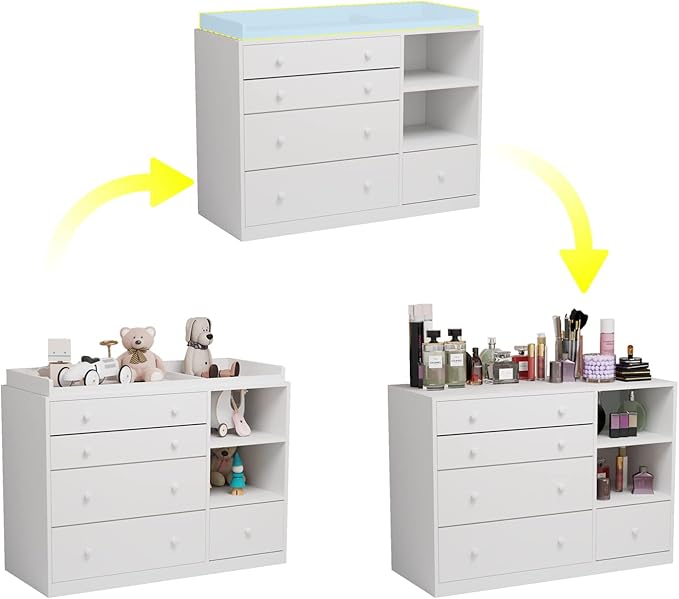 AIEGLE Baby Nursery Dresser, White Bedroom Dresser with 5 Drawers & Storage Shelves, Wood Chest of Drawers Nursery Storage Kids Organizer (47.6" L x 19.7" W x 36.1" H)
