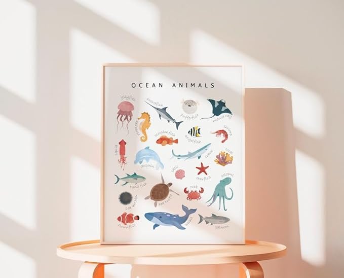 OZCONO Ocean Animals Learning Poster, Vibrant Sea Life Chart Kids, Preschool Wall Decor Art, Homeschool Education Guide (Unframed) (11x14)