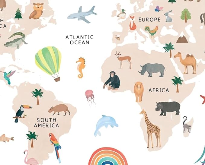 OZCONO Animal World Map Poster, Kids Educational Geography Decor, Safari Animals Nursery Art, Montessori Learning Wall Print (Unframed) (24x36)