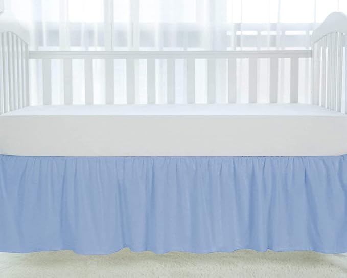 100% Egyptian Cotton, Nursery Crib Toddler (24" x 38" + 10") 800 Thread Count Crib Skirt Dust Ruffle, Bedding Skirts for Baby Boys or Girls, 10" Drop, Light Blue Solid