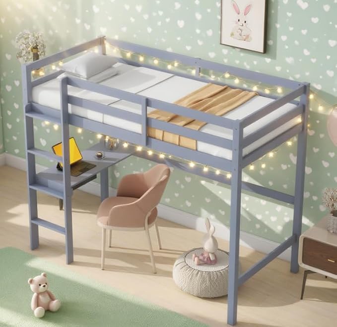 Bellemave Twin Loft Bed with Desk,Loft Bed for Kids, Boys, Girls,Wooden Loft Be Frame with Desk and Ladder, Gray