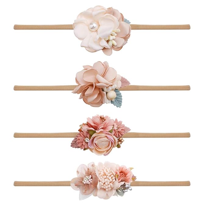 cherrboll 4pcs Baby Girl Flower Headbands, Super Soft & Stretchy Nylon Floral Hairbands for Newborn Toddler