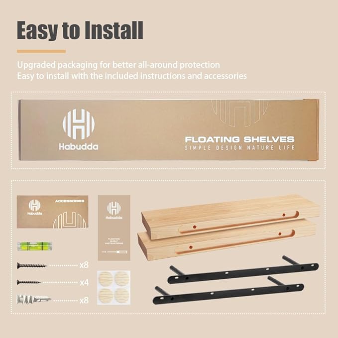 Habudda Floating Shelves, Wooden Wall Shelf for Rustic Decor, Hanging Display Shelving for Bedroom Bathroom Kitchen Living Room, Natural Wood, Invisible Bracket, 23.6"×6.7"×1.6", 2-Pack