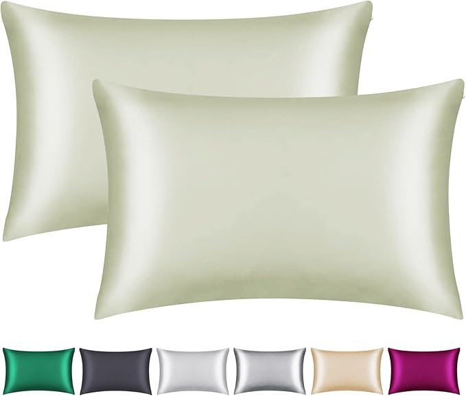 100% Mulberry Silk Pillowcase 2 Pack for Hair and Skin,with Hidden Zipper,Both Sides 22 Momme Natural Silk Pillow Cover,Soft Breathable & Smooth (Matcha, Standard)