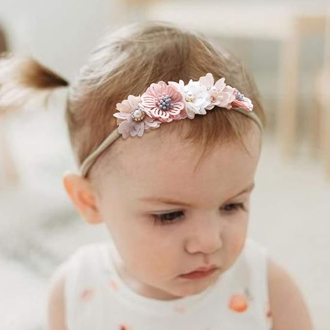 cherrboll 3pcs Baby Girl Flower Headbands, Super Soft & Stretchy Nylon Floral Hairbands for Newborn Toddler