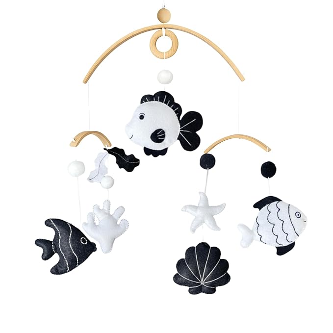 Montessori Baby Mobile – Handmade Black & White Fish Crib Mobile – Nursery Decor for Boys and Girls – Newborn Visual Development – Perfect Baby Shower Gift