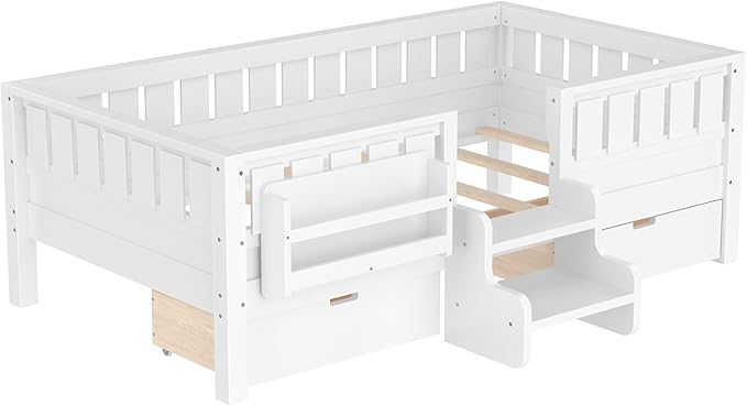 Bellemave Twin Bed with Slats and Stairs, Twin Size Platform Bed Frame with Fence, Bookshelf and Storage Drawers, Easy Assemble Beds for Kids, Girls, Boys, White