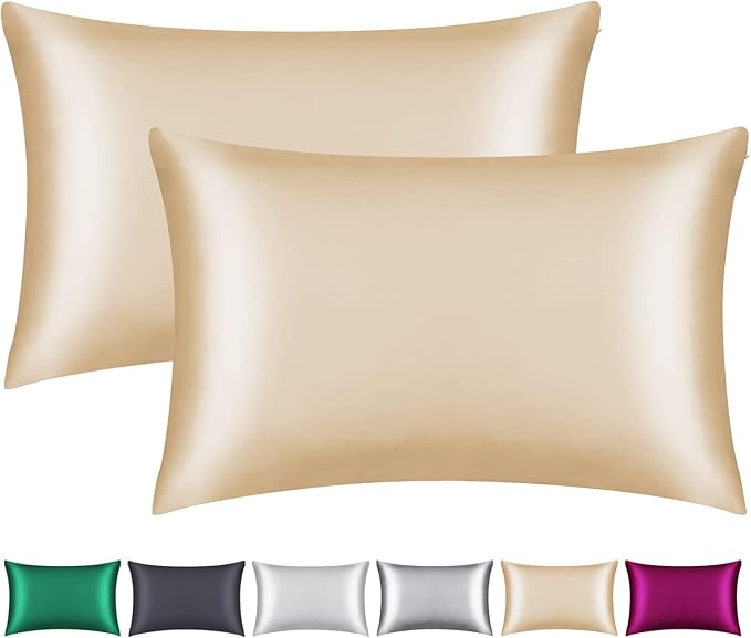 100% Mulberry Silk Pillowcase 2 Pack for Hair and Skin,with Hidden Zipper,Both Sides 22 Momme Natural Silk Pillow Cover,Soft Breathable & Smooth (Beige, King)