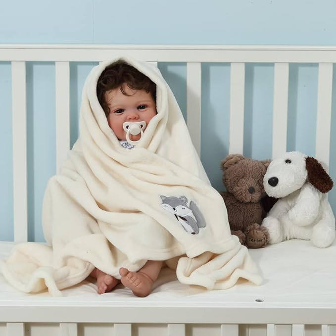CREVENT 2Pcs 30''X40'' Cute Cozy Fluffy Warm Baby Blankets for Infants Toddlers' Bedding Crib Cot Stroller - Grey Cloud + Fox