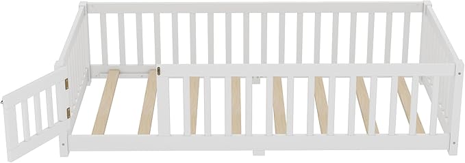 Harper & Bright Designs Twin Floor Bed Frame with Safety High Fence, Wood Montessori Bed with Door, Twin Size Floor Beds with Solid Wood Support Slats for Boys, Girls, Kids, White