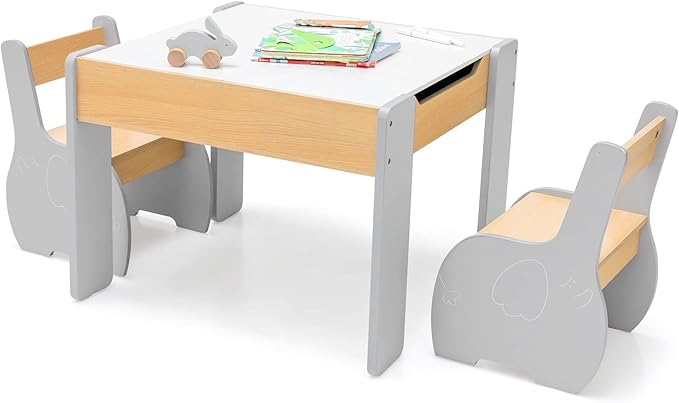 INFANS 3 in 1 Kids Table and Chair Set, Wood Multi Activity Table with Removable Tabletop Storage, Detachable Blackboard for Toddler Playing Drawing Arts Crafts,3 PCS Children Furniture