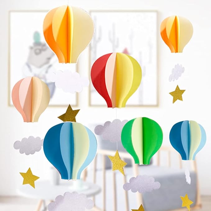 Colorful Hot Air Balloon Hanging Paper Decoration（4pack）- Large Hot Air Balloon with Clouds Stars Hanging Paper Garland Party Streamers for Kids Bedroom Decor, Wedding Birthday Party Supplies