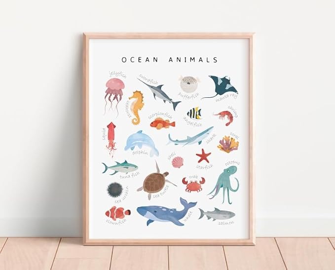 OZCONO Ocean Animals Learning Poster, Vibrant Sea Life Chart Kids, Preschool Wall Decor Art, Homeschool Education Guide (Unframed) (24x36)