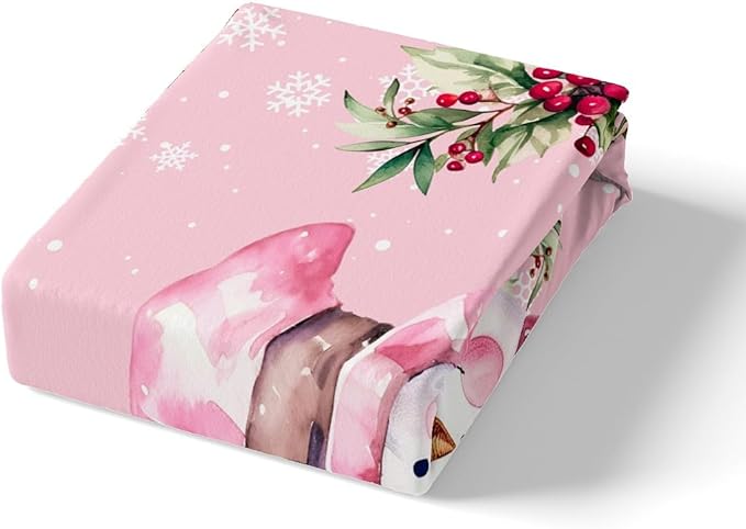 Manfei Xmas Snowman Duvet Cover Set Twin Size, Leaves Flower Snowflake Comforter Cover with 1 Pillowcase, Christmas Pink Bedding Set 2pcs for Kids Boys Girls Lightweight Bedspread Cover,No Comforter