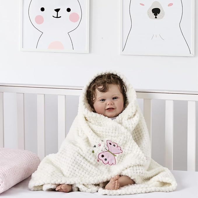 CREVENT 30''X40'' Cute Cozy Fluffy Warm Baby Blanket for Girls Infants Toddlers' Bedding Crib Cot Stroller, Baby Shower Birthday Newborn's Gift Ivory- Butterfly