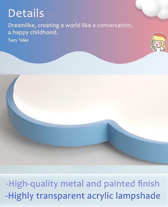 Cloud Shape LED Ceiling Light for Kids Room, 58cm/23inch, 48W, Blue, with Remote Control 4 Color Temperatures, Eye Protection Bedroom Study/Nursery Ceiling Light