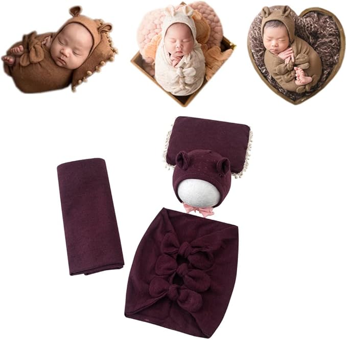 Vemonllas Newborn Baby Boy Girl Photography Props Bow Wrap, Posing Aid, Hat and Blanket Set of 4 Pcs