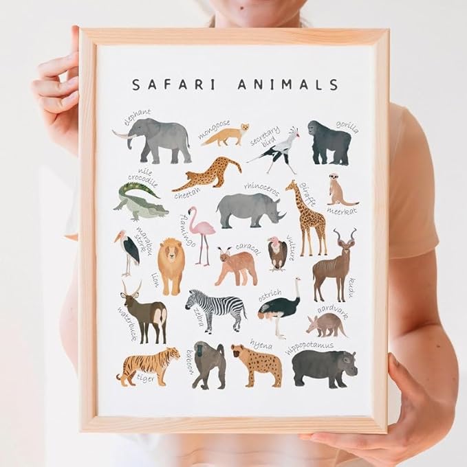 OZCONO Safari Animals Poster, Educational Jungle Chart for Kids, Playful Nursery Wall Decor, Montessori Learning, Homeschool Wildlife (Unframed) (24x36)