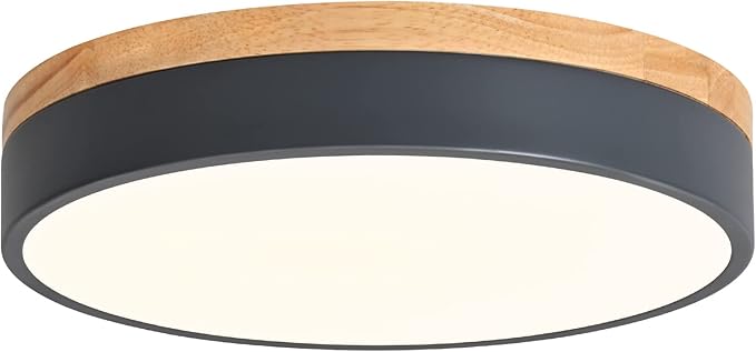 Dimmable Wood LED Flush Mount Ceiling Light, 5CCT 2700K-6000K Modern Round Close to Ceiling Lighting Fixtures, Minimalist Grey Ceiling Lamp for Bedroom, Kitchen, Laundry Room, Hallway