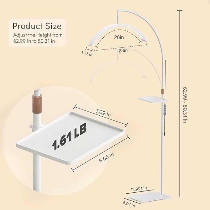 Lash Light 23 inch Floor Lamp for Eyelash Extensions Standing LED Half Moon Lights for Nail Art, Tattoos, Skincare with Adjustable Brightness & Height & Movable Tray & Phone Holder.