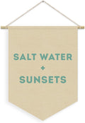 Ocean Nursery Decor, Salt Water Sunsets Beach Linen Canvas Banner, Neutral Coastal Nautical Nursery Wall Hanging Pennant Flag Banner for Kids Toddler Room Bedroom Playroom Decor, 15x11in