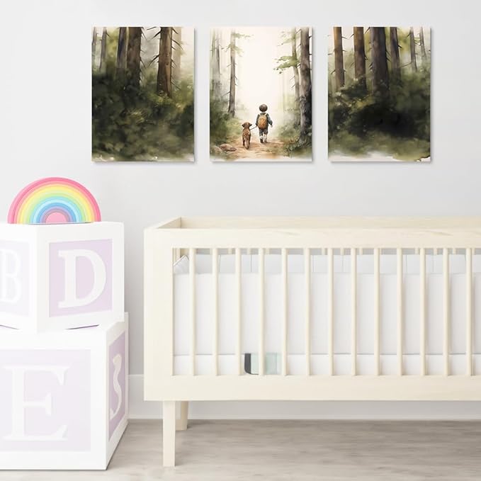 Boy and Dog Nursery Wall Art, Set of 3 Rustic Woodland Nursery Wall Decor, Little Boy and Puppy in the Forest Adventure Kid Wall Art Print, Outdoor Landscape Toddler Room Decor for Boys, Framed 16"x24"x3
