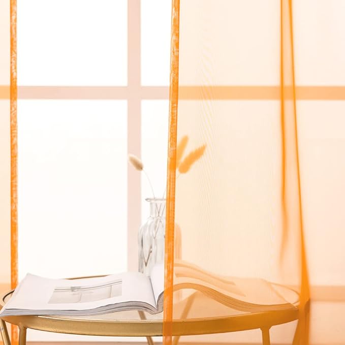 MIULEE 2 Panels Fall Kitchen Tiers Half Window Sheer Curtains-Rod Pocket Voile Drapes for Kitchen Bathroom-Small Windows 29 by 24 Inch Orange