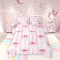 7 Pieces Pink Bowknot Kids Comforter Queen,Bow Tie Geometric Stripe Bedding Set,Butterfly Knot Princess Style Fashion Pink Romantic（Comforter+Fitted+Flat Sheet+2 Pillowcases+2 Throw Pillow Covers）