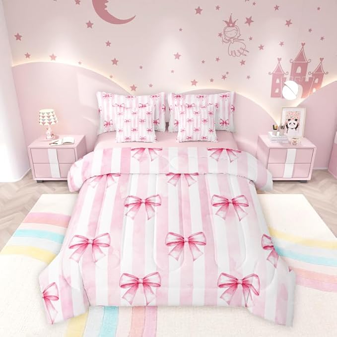 7 Pieces Pink Bowknot Kids Comforter Queen,Bow Tie Geometric Stripe Bedding Set,Butterfly Knot Princess Style Fashion Pink Romantic（Comforter+Fitted+Flat Sheet+2 Pillowcases+2 Throw Pillow Covers）