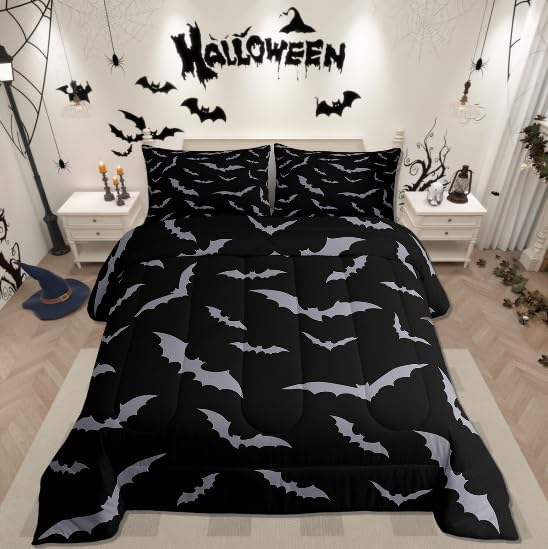Erosebridal Happy Halloween Comforter Set for Kids Youth Grey Bats Bedding Set Gothic Spooky Quilt Toddler Size Cartonn Bed Decorative Bedding Comforter Sets with 1 Pillow Case