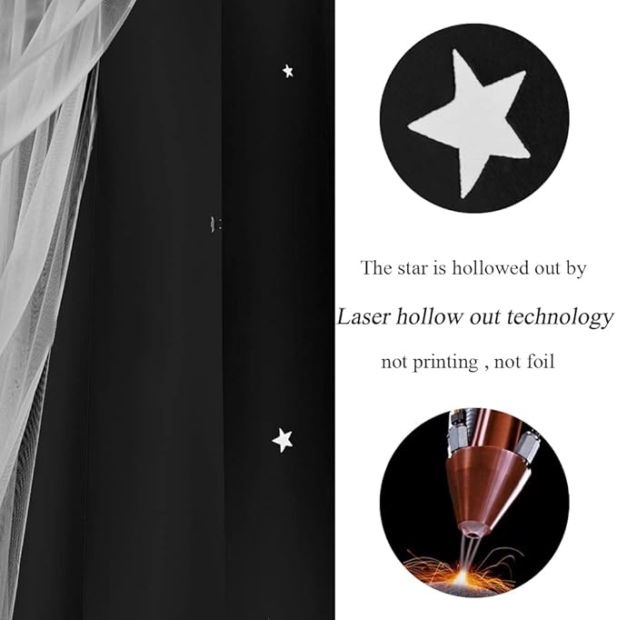Kinryb Black Star Cutout Blackout 95 Inches Curtains Double Layer with Sheer Overly Curtains for Bedroom Thermal Insulated Window Treatment Set with 2 Free Tiebacks (52W x 95L 2 Panels Black)