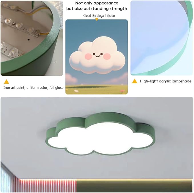 Cloud Shape LED Ceiling Light, 54W, 26 inch,Green Frame Kids Room, 3-Color Dimmable with Remote, for 10-18m² Room/Children's Room Ceiling lamp