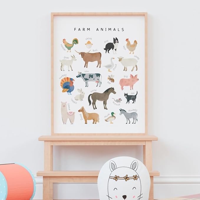 OZCONO Farm Animals Learning Poster, Vibrant Rural Wildlife Chart Kids, Playroom Wall Decor Art, Homeschool Education Guide (Unframed) (12x18)