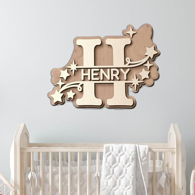 Personalized Nursery Name Sign, Custom Wooden Name Sign with Flowers, 3D Layered Wood Wall Decor for Baby Girl Room, Boho Floral Kids Room Name Plaque, 2 Layer /6