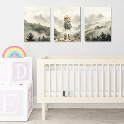 3-Piece Adventure Girl Nursery Wall Art, Mountain & Woodland Forest Nursery Decor for Toddler Room, Adventure Nursery Wall Decor for Kids Baby Girl's Room, Framed Canvas Set, 12"x16"