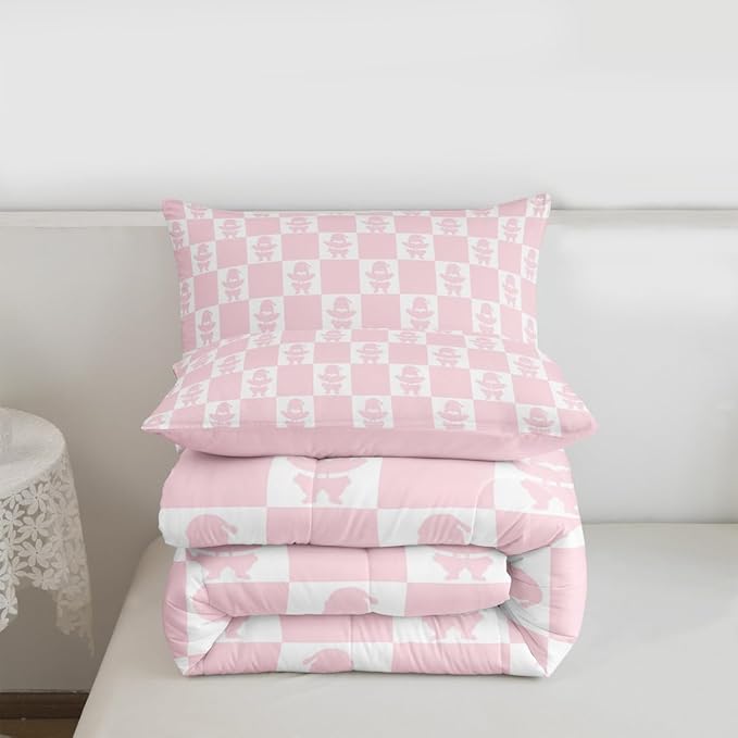 Feelyou Christmas Comforter Set All Season Checkered Bedding Set with 1 Pillow Cases Santa Claus Kids Twin Bedclothes Xmas Decorations Bedroom Decor Pink Duvet Quilt Breathable Soft Lightweight