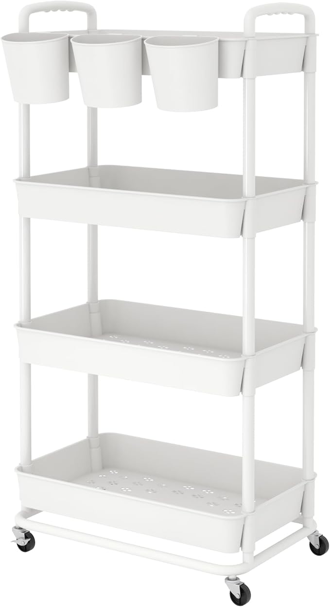 JIUYOTREE 4-Tier Plastic Rolling Storage Cart Utility Cart with Extra Hanging Cups Handles Lockable Wheels for Living Room Bathroom Kitchen Office White