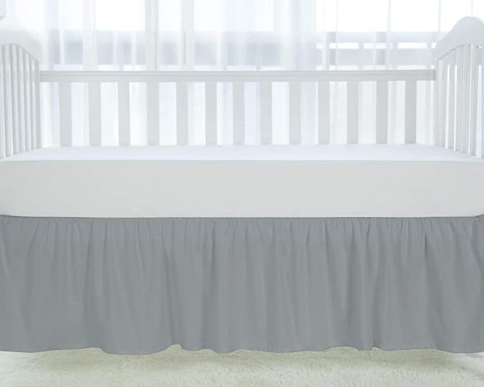100% Egyptian Cotton, Nursery Crib Toddler (28" x 52" + 14") 800 Thread Count Crib Skirt Dust Ruffle, Bedding Skirts for Baby Boys or Girls, 14" Drop, Silver Solid