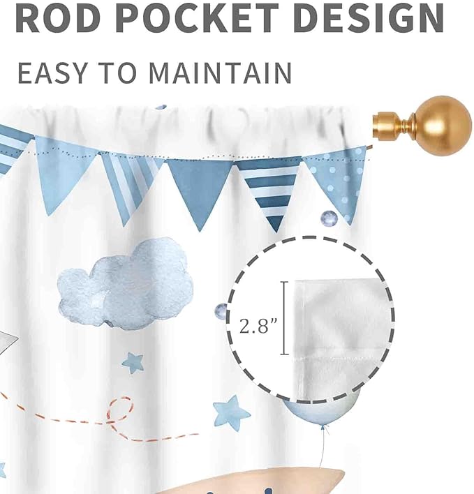Cartoon Bear Curtains, Kids Boys Girls Cute Lovely Bear Adventure Airplane Cloud Pastel Blue Window Drapery Treatments for Baby Living Room Bedroom Nursey Toddler Classroom 2 Panels, 84"x84" Inch