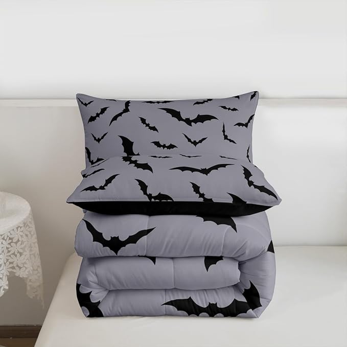 Erosebridal Halloween Comforter Set Black Bats Bedding Set Toddler Size,Black Grey Halloween Decor Quilt for Kids Boys Girls Adults Gothic Spooky Bat Down Comforter,Horror Animals Decorations