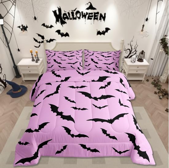 Erosebridal Gothic Bat Comforter Set Halloween Theme Bedding Set Twin Size,Horror Spooky Animal Quilt for Kids Boys Girls Adults Black Bats Silhouette Down Comforter,Pink Goth Room Decor