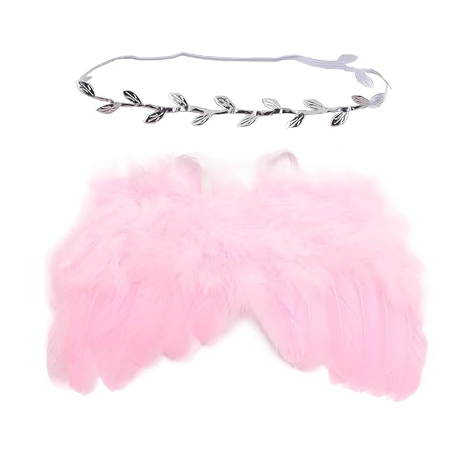 Qiansail Newborn Baby Fairy Angel Wings Princess Feather Wing Costume with White Headband Photography Props Shoot Outfits for Birthday (Light Pinik)
